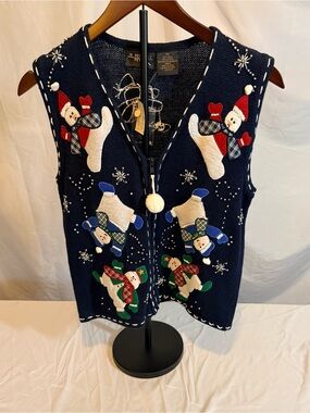 Vintage NWT Navy Snowman Embroidered V-Neck Sweater Vest  size PS (QQ9)